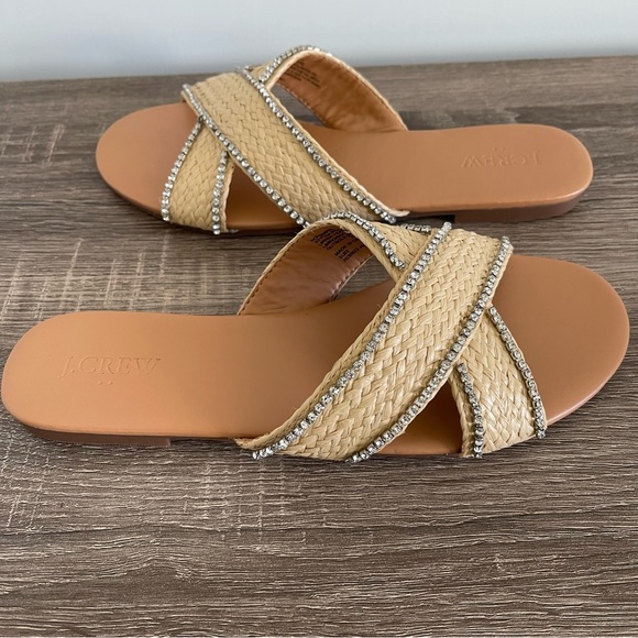 J Crew Raffia Crisscross Slide Sandals with Rhinestone Lining Size 9 NEW - Picture 9 of 12